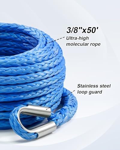 Kolvoii Synthetic Winch Rope Extension, 3/8 in x 50 ft, 26,500 lb, Blue - color: blue, size: 3/8 Inch x 50 Feet