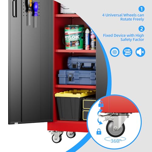 Reemoon 71"H Metal Garage Storage Cabinet,Tool Cabinet with Wheels,Pegboard - color: Red-black, size: 16"D x 32"W x 71"H