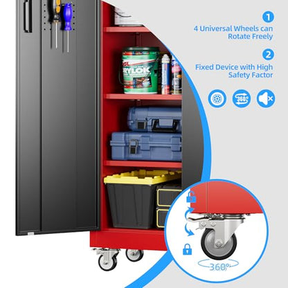 Reemoon 71"H Metal Garage Storage Cabinet,Tool Cabinet with Wheels,Pegboard - color: Red-black, size: 16"D x 32"W x 71"H
