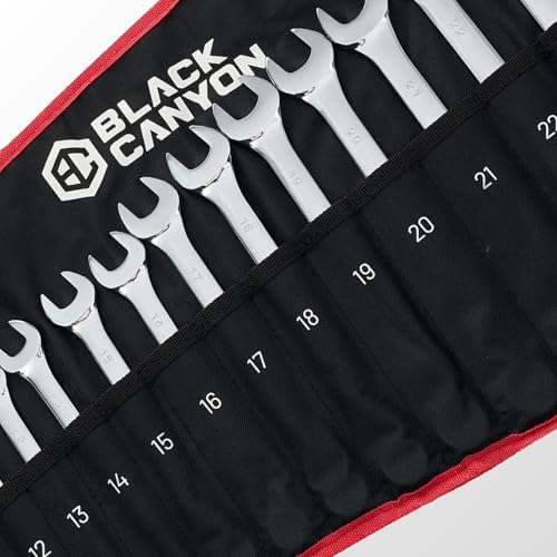 BLACK CANYON Wrench Roll Up Pouch, Waterproof, Wear-Resistant, Wrench Roll with Handle, Wrench Organizer for Manufacturing, Construction - size: 19 Pockets Metric