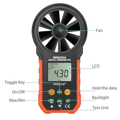 Proster Digital Anemometer Handheld Wind Speed Meter CFM 5Units Backlight