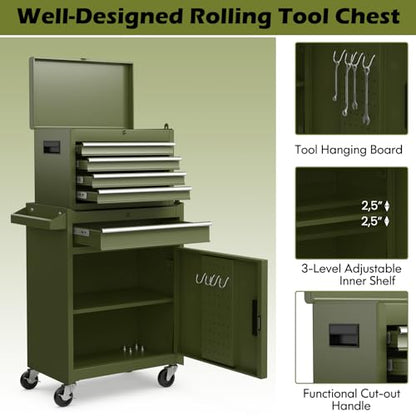 IRONMAX 2-in-1 Detachable Rolling Metal Tool Chest, 5 Drawers, Olive Green - color: Olive Green