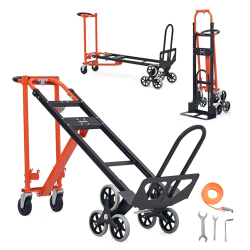 VEVOR 3 in 1 Industrial Convertible Stair Climbing Cart, 770 lbs Max Load, Folding Hand Truck Dolly with Handle & Wheels, Stair Climbing Utility Trolley for Transport & Moving, Orange & Silver - size: 63.7" x 17.9" x 35.8"