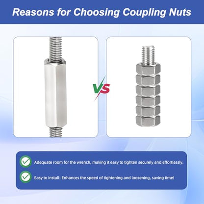 6Pcs Hex Coupling Nuts,3/8-16 UNC 50mm/1.97" Length, 304 SS - size: 3/8"-16 x 50mm