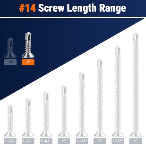 #14 x 1 Phillips Flat Head Sheet Metal Screws, Stainless Steel 410 Self Drilling Screws for Metal, Countersunk Head, Phillips Drive, Self Tapping, 50 Pack - size: #14 x 1"
