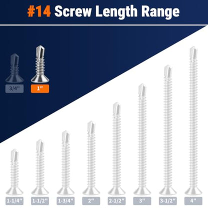 #14 x 1 Phillips Flat Head Sheet Metal Screws, Stainless Steel 410 Self Drilling Screws for Metal, Countersunk Head, Phillips Drive, Self Tapping, 50 Pack - size: #14 x 1"