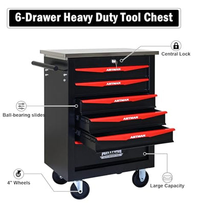 Rolling Tool Chest,Stainless Steel Worktop,Black,6‑Drawer - color: Black, size: 6-Drawers
