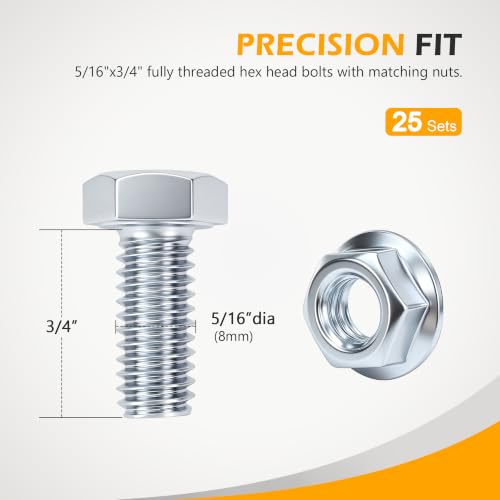 25 PCS 5/16" x 3/4" Hex Head Bolts and Nuts Set, Grade 8.8 Carbon Steel Heat Treated, Fully Threaded Hexagon Bolts with Nuts, for Garage Door Track Flag Bracket & Tail Bearing Connection - color: Silvery, size: Hex Bolt-A 25 pcs