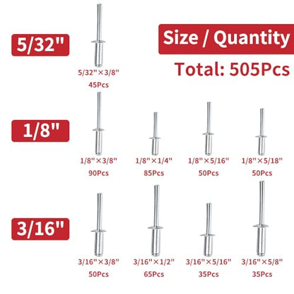 Aluminum Pop Rivets Assortment Kit Blind Rivets for Metal, Furniture, Automotive, Instrument 505 Set