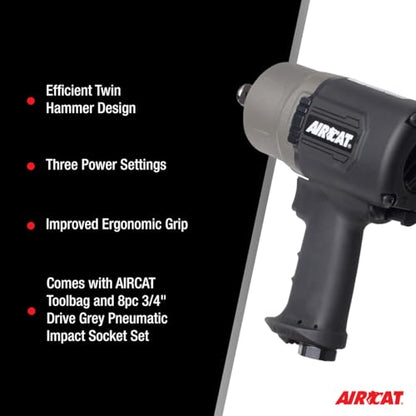 AIRCAT 1770-XLK 3/4" Impact Wrench Kit, 1,600 ft-lb Max Torque, 6,500 RPM