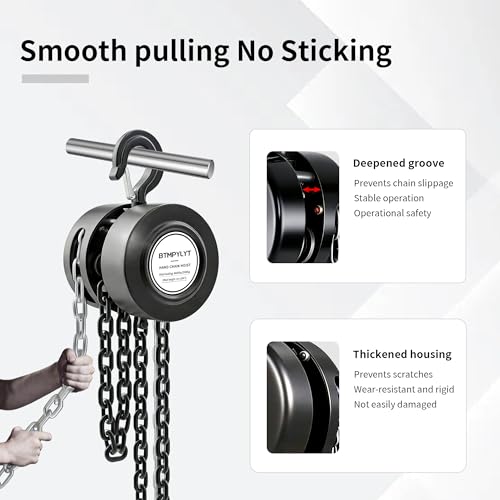 1 Ton Manual Chain Hoist, 10ft Lift Height, 2200 Lbs Capacity with Heavy Duty Hooks, Black Hand Chain Block for Warehouse, Garage, Workshop
