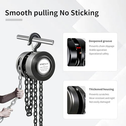 1 Ton Manual Chain Hoist, 10ft Lift Height, 2200 Lbs Capacity with Heavy Duty Hooks, Black Hand Chain Block for Warehouse, Garage, Workshop