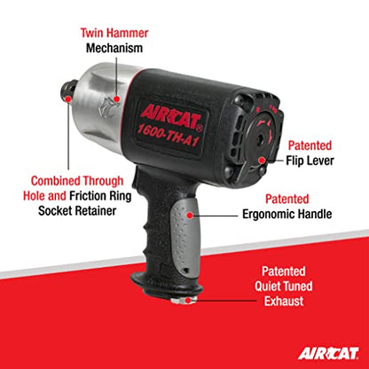 AIRCAT 1600-TH-A1 1" Composite Impact Wrench, 1,400 ft-lb Max Torque - size: 1-Inch