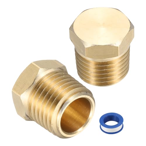 uxcell 2Pcs Brass Hex Head Plug Compression Cap Fitting Stop Valve Cap, 1/4" NPT Hex Thread Pipe Fitting Flare Cap Tubing Ends Sealing Cap with PTFE Tape for Air Conditioner, Water, Gold - size: 0.25 Inch