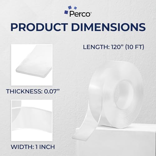 Perco Double Sided Mounting Tape Roll, Clear Nano Tape, 1"x120" (10 ft) – Strong Reusable Adhesive for Wall, Shelves, Picture Hanging, Posters, Décor, Crafts, DIY Projects, Custom Lengths - size: 1x120 inches