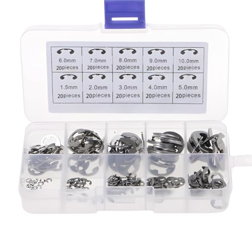 200Pcs E Clip Retaining Rings Assortment Set 304 Stainless Steel M1.5-M10 E Clip Assortment Kit for External Retaining Rings Washer Bearings, Gears, Pulleys, Axles, with Storage Boxes