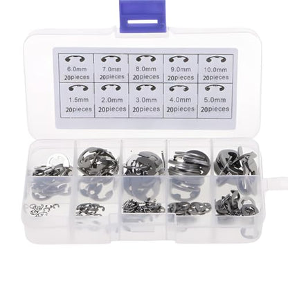 200Pcs E Clip Retaining Rings Assortment Set 304 Stainless Steel M1.5-M10 E Clip Assortment Kit for External Retaining Rings Washer Bearings, Gears, Pulleys, Axles, with Storage Boxes