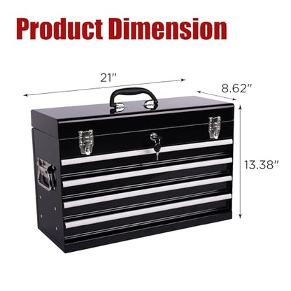 21-inch Portable Metal Tool Box with 4 Drawers, Steel Toolbox with Locking Lid, EVA-Lined Ball-Bearing Slides & Powder-Coated Finish, Top Tool Chest for Mechanic & Craftsman Use, Black - color: Black