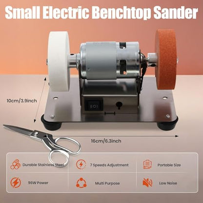 Small Bench Grinder for Sharpening, 6 x 4 x 4in Mini Belt Sander, 96W Electric Benchtop Sander, 7 Adjustable Speed for Metal Wood DIY Handcraft, Tool & Knife Sharpening