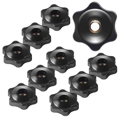 12 Pcs Star Knobs, 1/4-20 Female Threaded Hexagon Head Thru Clamping Knob, 6 Star 1/4 Inch 20 Jig T Knobs, Small, Black