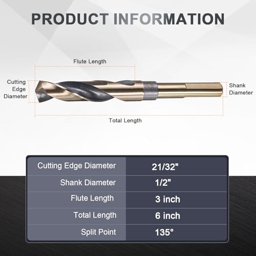 uxcell 21/32" Drill Bit 1/2" Reduced Shank 3-Flat M35 5% Cobalt HSS - size: 21/32" with 1/2" Shank