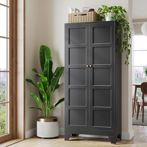 72" Tall Kitchen Cabinet Storage Unit With 2 Doors and 4 Adjustable Shelves, Metal Black Freestanding Cupboard, 5 Tier Kitchen Pantry Storage Cabinet for Kitchen Dining/Living Room/Garage/Home/Office - color: Black, size: 72"H x 34"W x 18"D-B