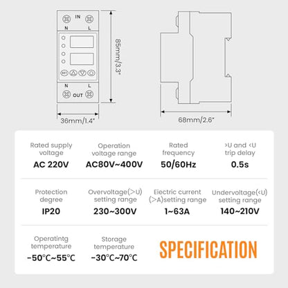 Adjustable Miniature Circuit Breaker 110/230VAC 2P 1~63Amps Adjustable Current Limit Quick Disconnect Overvoltage Undervoltage Time-delay Protection and Automatic Reset Circuit Breaker (Black)