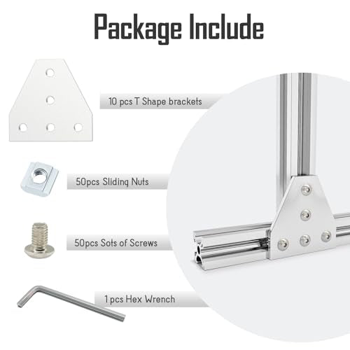 2020Connector Bracket, 2020 Aluminum Extrusion Connector Set 5 Hole T Shape Joint Plates with 50pcs M5 T Nuts+50pcs M5x8mm Screws+1pcs Wrench for 2020 Series Aluminum Profile 3D Printer Frame(10PCS T - style: 10PCS T Shape silver