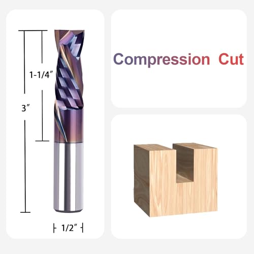 SpeTool Spiral Compression Router Bit with Coating 1/2 Inch Shank 1-1/4 Cutting Diameter Extra Long 3 InchSolid Carbide Router Bit Up Douwn Spiral Router Bits End Mill for CNC Wood Carving - size: 1/2" Dia - 1-1/4" CL -1/2" Shank, style: COMPRESSION CUT