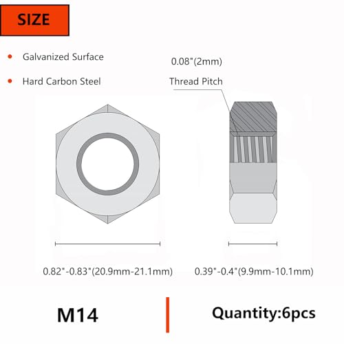 M14 6pcs Hex Nuts,M14 Galvanized Metric Hardware Nuts Sets - size: M14(6pcs)