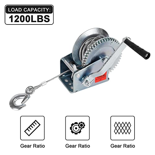 Heavy Duty Hand Winch 1200 lbs with 32 ft Steel Wire Rope, Hand Crank Strap Gear Winch with Steel Wire, for ATVs Boats Trailers Trucks Auto Marine - color: 1200lbs, size: Steel Cable