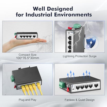 5 Port Mini Gigabit Industrial DIN-Rail Switch, 4 x 100/1000Mbps Ports,1 Gigabit Uplink, Din Rail & Wall Mount Included, Unmanaged IP30 (-40~185°F) Hardened YuLinca Industrial Ethernet Switch