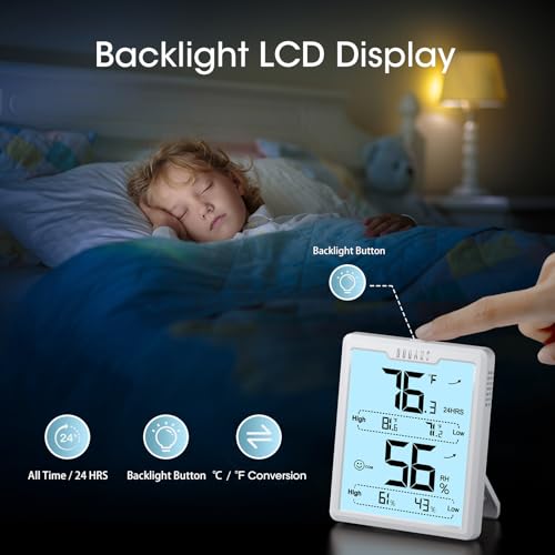 DOQAUS Hygrometer Indoor Thermometer, Humidity Temperature Meter, White - color: White with Backlit