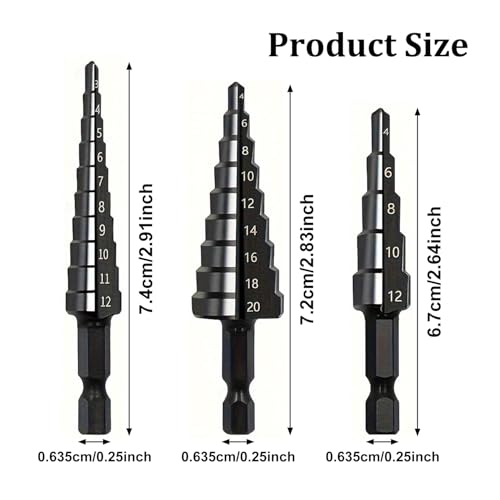 3PCS HSS Step Drill Bit Set, Black Oxide Coated Hex Shank
