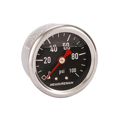 MEASUREMAN 1.5" Black Dial, 304 Stainless Steel case, Liquid Filled Fuel Pressure Gauge, 0-100Psi, -3-2-3%, 1/8" NPT Center Back Mount - size: 0-100 psi, style: Back Mount (Black Dial)