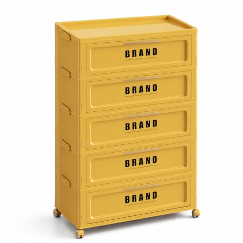 Foldable Storage Cabinet with Doors & Locking Wheels, 5-Tier Large-Capacity Organizer, No-Tool Setup, Impact-Resistant ABS Construction for Dorm, Pantry, Laundry, and Living Spaces - color: Yellow