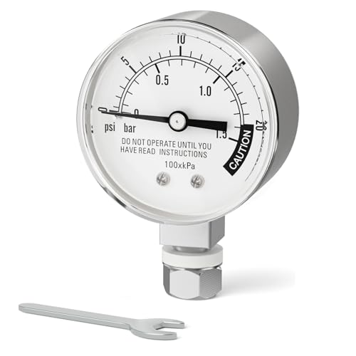 0-20PSI Stainless Steel Pressure Cooker Gauge, 2" Dial Size, 3/8" UNC Lower Mount, with Plastic Washer, Washer, Nut, 14mm Wrench, for UNC Steam, Pressure Tank - size: 3/8" UNC