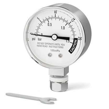 0-20PSI Stainless Steel Pressure Cooker Gauge, 2" Dial Size, 3/8" UNC Lower Mount, with Plastic Washer, Washer, Nut, 14mm Wrench, for UNC Steam, Pressure Tank - size: 3/8" UNC