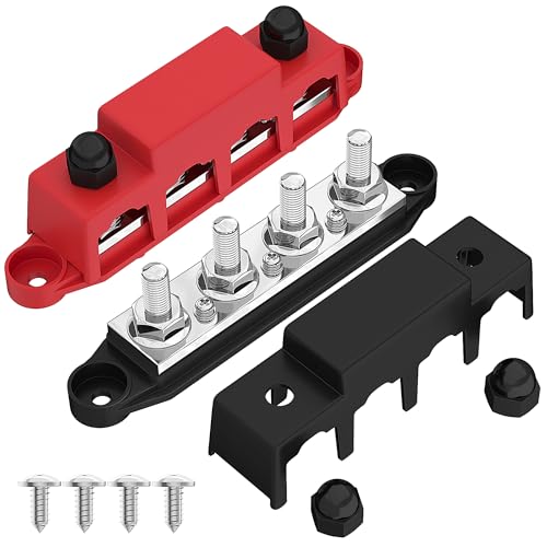 Joinfworld Bus Bar 12V 250A Power Distribution Block 4 x 3/8" Studs Marine Bus Bar 12 Volt Battery Busbar Terminal Block for Automotive, Car, Boat, Solar Wiring - Negative&Positive - size: 250A 4 x 3/8"(M10) Studs