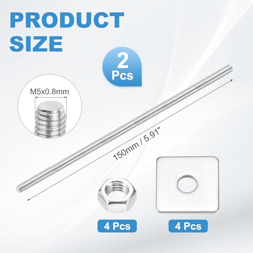 MECCANIXITY 2Set M5x150mm Fully Threaded Rod Threaded Rods Bar Studs - size: M5x150mm