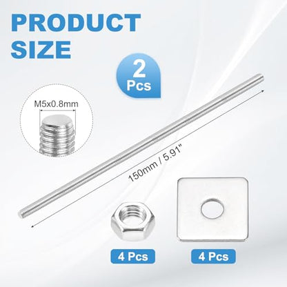 MECCANIXITY 2Set M5x150mm Fully Threaded Rod Threaded Rods Bar Studs - size: M5x150mm
