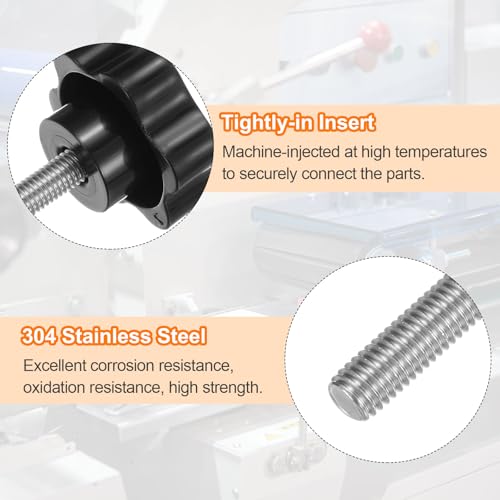 HARFINGTON 2pcs Star Knobs M8 x 70mm 304 Stainless Steel Threaded Stud 46mm Plastic 6-Star Head Hand Tightening Thumb Screw Clamping Jig Knob Handle, Black - size: M8 x 70mm x 46mm