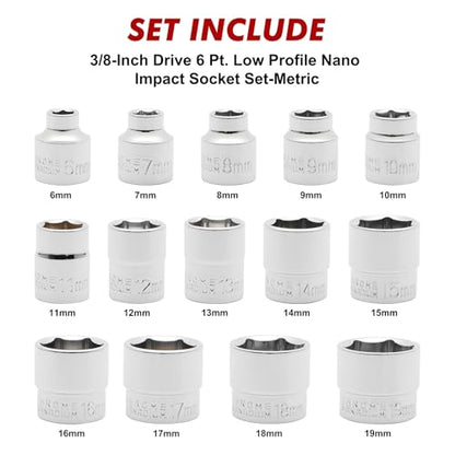 CASOMAN 14 Piece 3/8" Drive 6 Point Stubby Socket Set, Metric, Mirror Chrome Finish, 6,7,8,9,10,11,12,13,14,15,16,17,18,19mm - size: 3/8"Dr., Nano, 6.0 to 19.0mm
