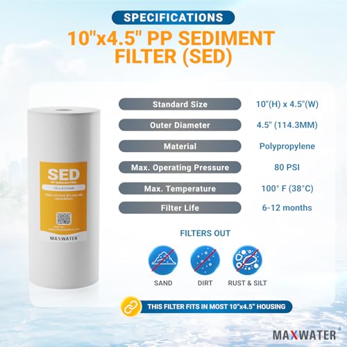 Max Water 5 Micron 10 x 4.5 Whole House Sediment Water Filter Replacement Cartridge Compatible With DGD-5005, AP810, SDC-45-1001, HD-950A, WFHD13001B, 2-Pack - size: 2, style: 5 Micron