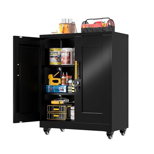 GAIOUS Metal Storage Cabinet with Lock and Wheels, Steel Tool Cabinet - color: Black, size: 13.8"D x 27.6"W x 35.4"H