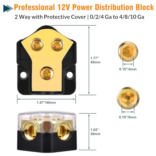 12V Power Distribution Block 2 Way, 0/2/4 Gauge Input to 4/8/10 Gauge Output, Car Audio Amp Splitter with Protective Cover - Ground Distribution Block for Automotive, Marine, Boat, Truck - style: 1 Pack