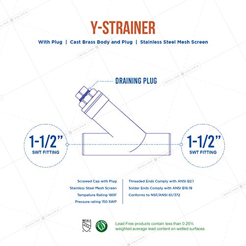 Midline Valve 322D334-5 Y-Strainer with Stainless Steel Mesh Screen, Pipeline Filter Valve, 1-1/2 in. Sweat, Cast Brass (5 Pack) - size: 1-1/2 in., style: 5 Pack