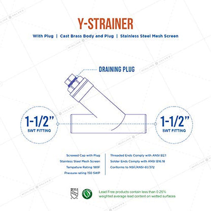 Midline Valve 322D334-5 Y-Strainer with Stainless Steel Mesh Screen, Pipeline Filter Valve, 1-1/2 in. Sweat, Cast Brass (5 Pack) - size: 1-1/2 in., style: 5 Pack