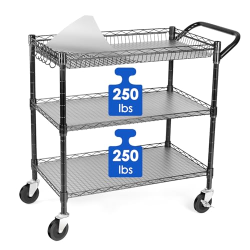 WDT Heavy Duty 3 Tier Utility Cart,Wire Rolling Cart with Wheels, Commercial Grade Service Cart with Shelving Liners and Handle Bar Metal Carts for Kitchen Office Hardware - color: 750lbs Capacity Black