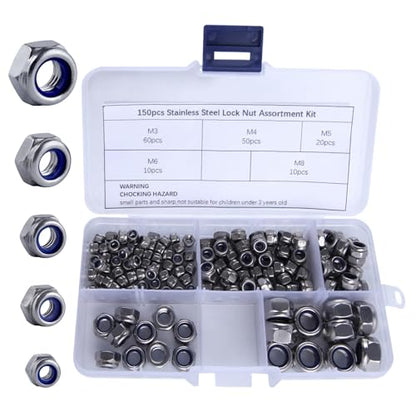 150 Pcs Metric Nylon Insert Hex Lock Nuts 304 Stainless Steel Locknuts Assortment Kit, M3 M4 M5 M6 M8 Standard Threaded Nylock Nuts for Screw Bolt, Self Locking Nuts Set with Storage Box - size: M3-M8